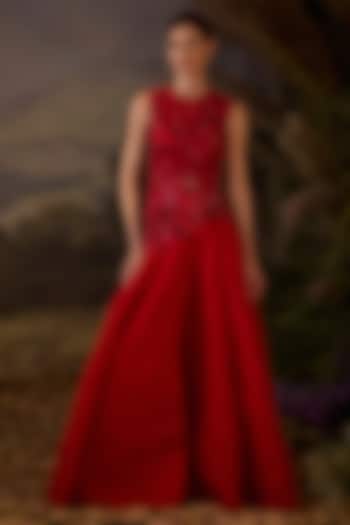 Red Cotton Silk Zardosi & Sequins Embroidered Wedding Gown by Samant Chauhan at Pernia's Pop Up Shop