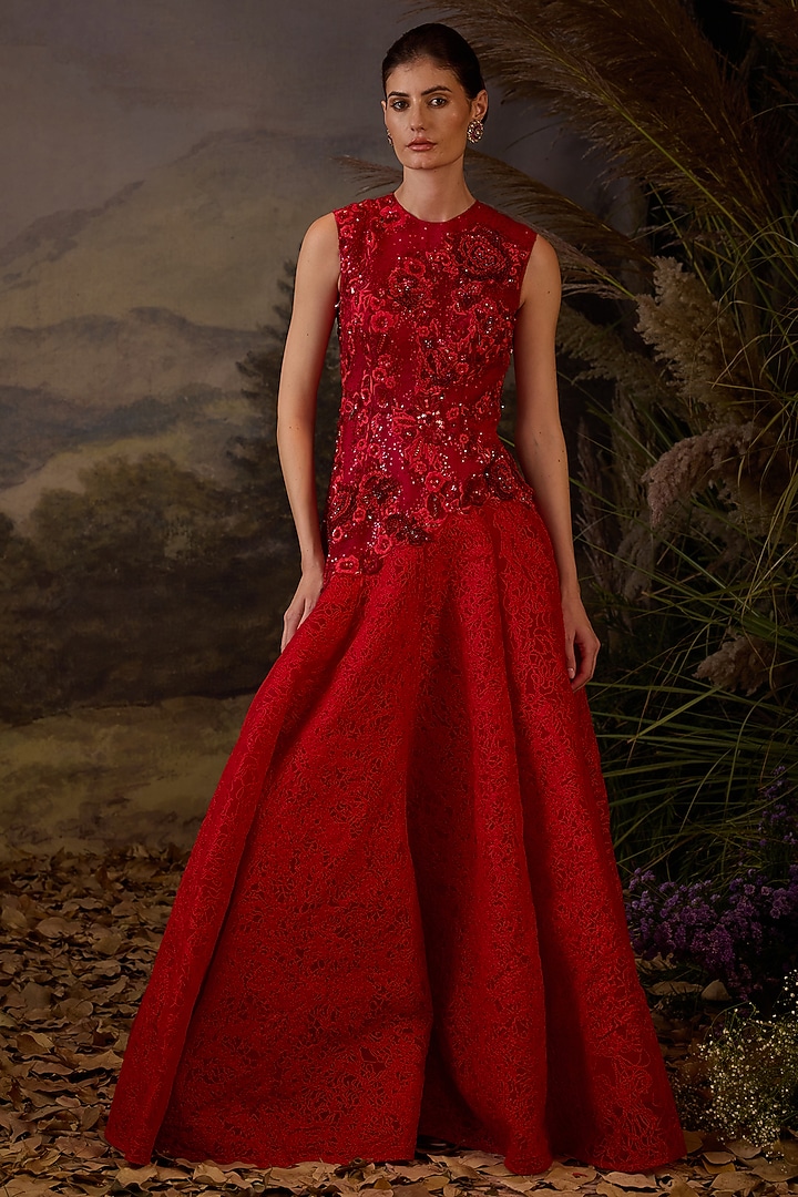 Red Cotton Silk Zardosi & Sequins Embroidered Wedding Gown by Samant Chauhan at Pernia's Pop Up Shop