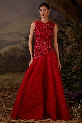 Red Cotton Silk Zardosi & Sequins Embroidered Gown by Samant Chauhan