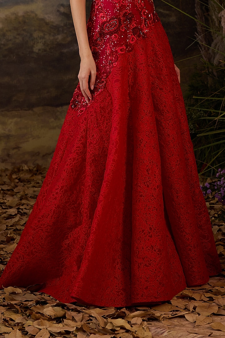 Red Cotton Silk Zardosi & Sequins Embroidered Wedding Gown by Samant Chauhan at Pernia's Pop Up Shop
