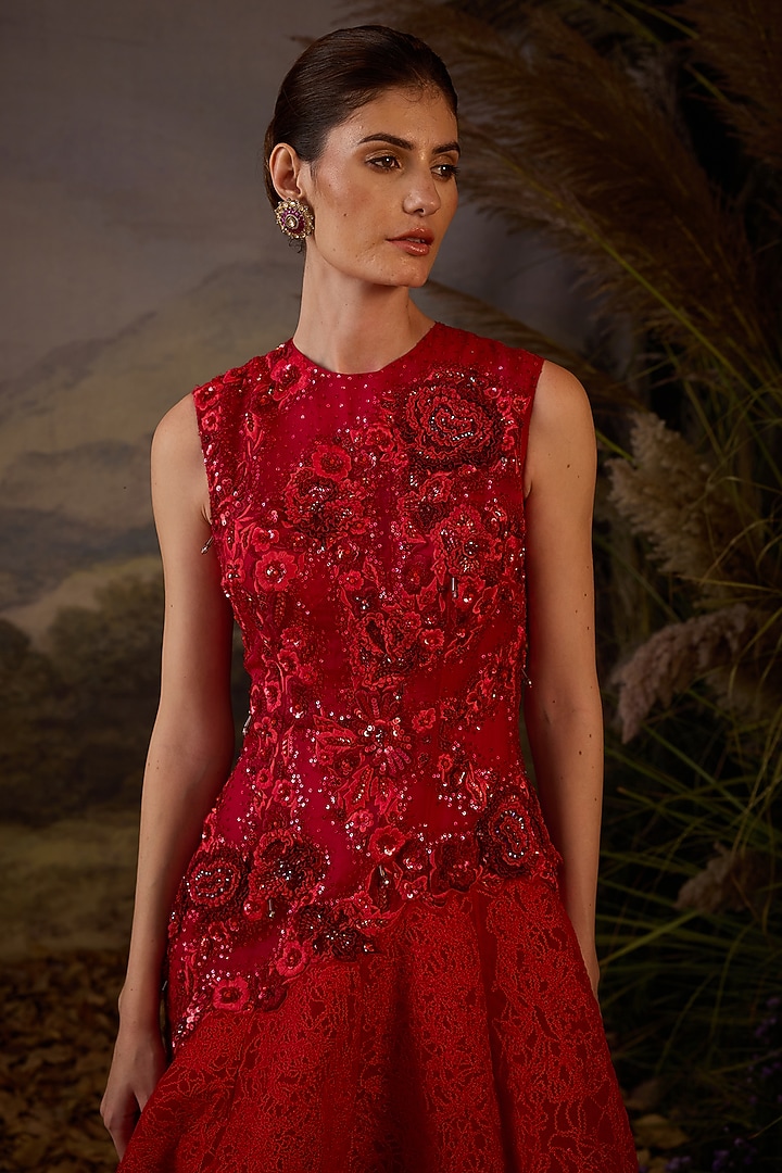 Red Cotton Silk Zardosi & Sequins Embroidered Wedding Gown by Samant Chauhan at Pernia's Pop Up Shop