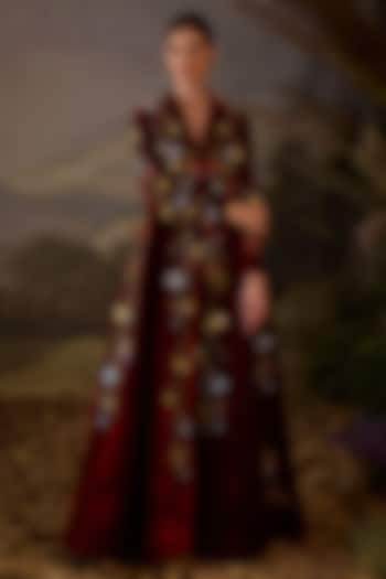 Maroon Velvet & Cotton Silk Embroidered Wedding Gown by Samant Chauhan at Pernia's Pop Up Shop