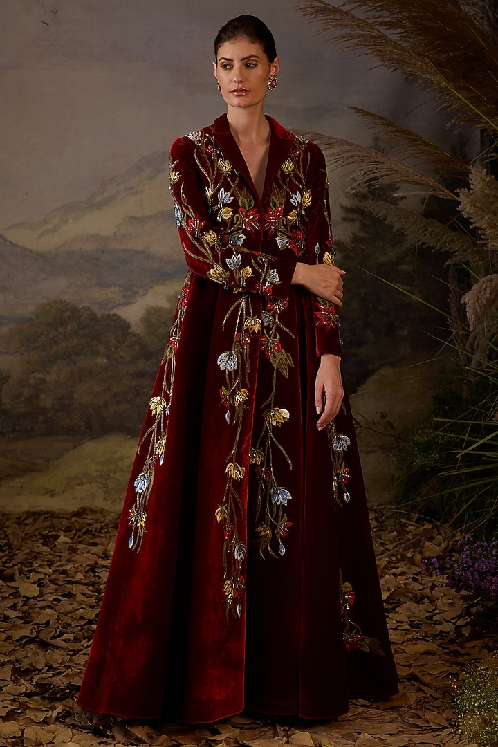 Maroon Velvet & Cotton Silk Embroidered Wedding Gown by Samant Chauhan at Pernia's Pop Up Shop