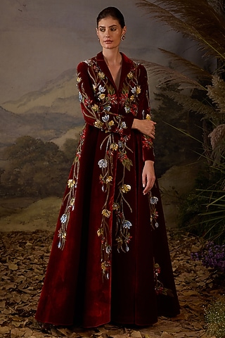 Maroon Velvet & Cotton Silk Embroidered Gown by Samant Chauhan