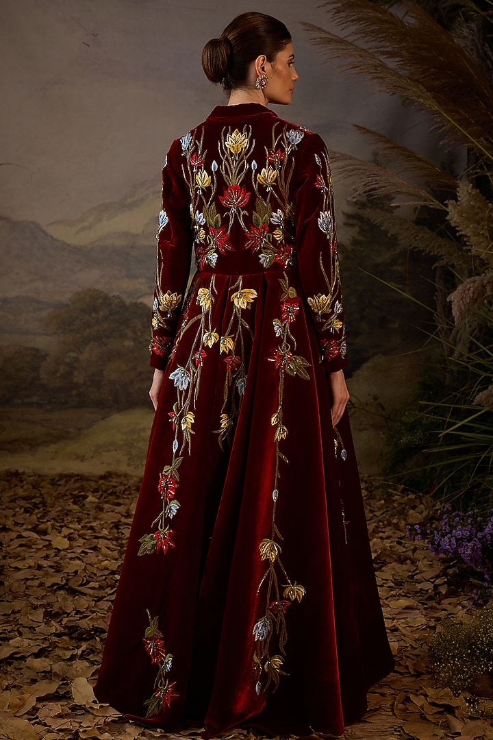 Maroon Velvet & Cotton Silk Embroidered Wedding Gown by Samant Chauhan at Pernia's Pop Up Shop