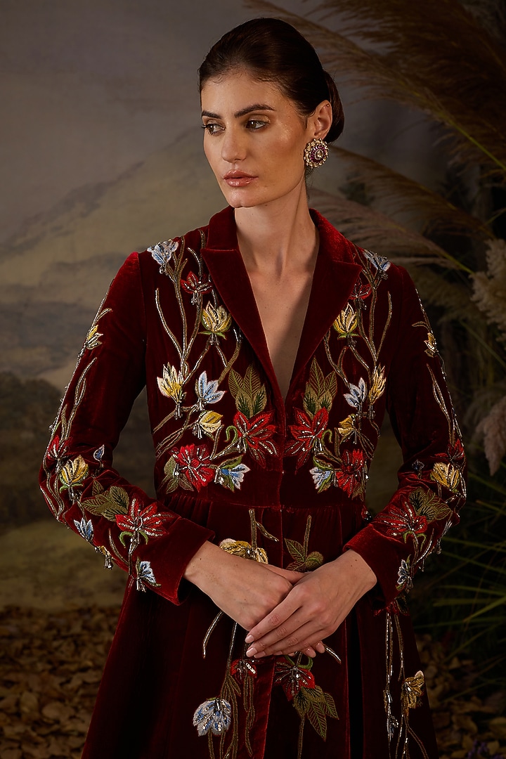 Maroon Velvet & Cotton Silk Embroidered Wedding Gown by Samant Chauhan at Pernia's Pop Up Shop
