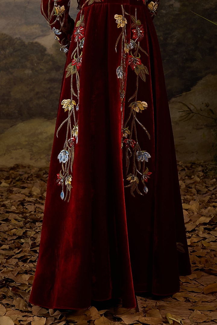 Maroon Velvet & Cotton Silk Embroidered Wedding Gown by Samant Chauhan at Pernia's Pop Up Shop
