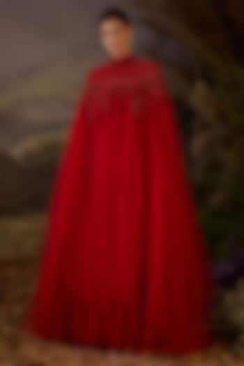 Red Net & Cotton Zardosi Embroidered Kaftan Party Wear Dress by Samant Chauhan at Pernia's Pop Up Shop