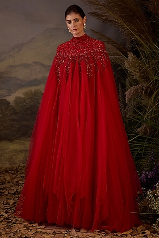 Red Net & Cotton Zardosi Embroidered Kaftan Dress by Samant Chauhan