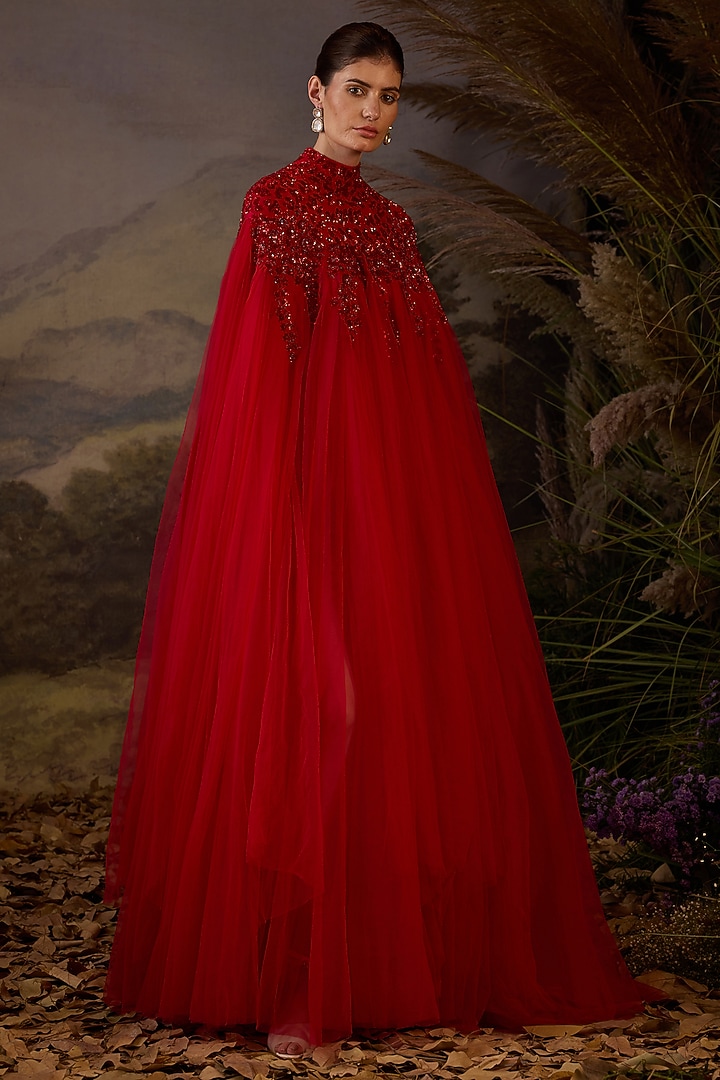 Red Net & Cotton Zardosi Embroidered Kaftan Party Wear Dress by Samant Chauhan at Pernia's Pop Up Shop