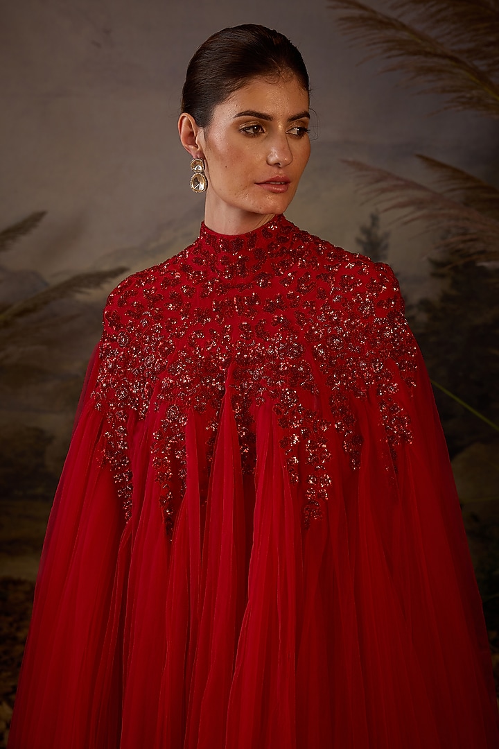 Red Net & Cotton Zardosi Embroidered Kaftan Party Wear Dress by Samant Chauhan at Pernia's Pop Up Shop