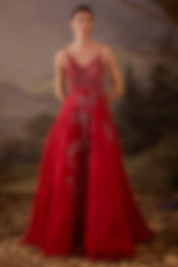 Crimson Red Cotton & Net Sequins Embroidered Wedding Gown by Samant Chauhan at Pernia's Pop Up Shop