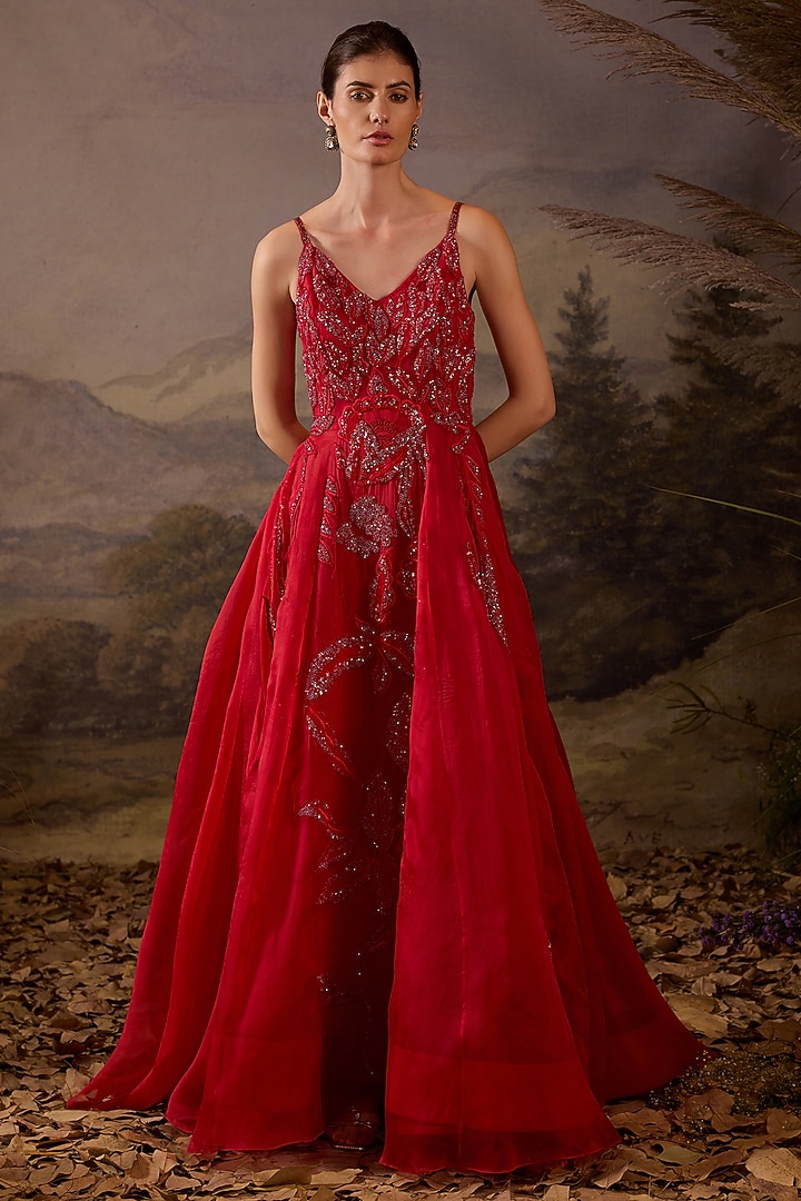Crimson Red Cotton & Net Sequins Embroidered Wedding Gown by Samant Chauhan at Pernia's Pop Up Shop