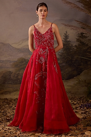 Crimson Red Cotton & Net Sequins Embroidered Gown by Samant Chauhan