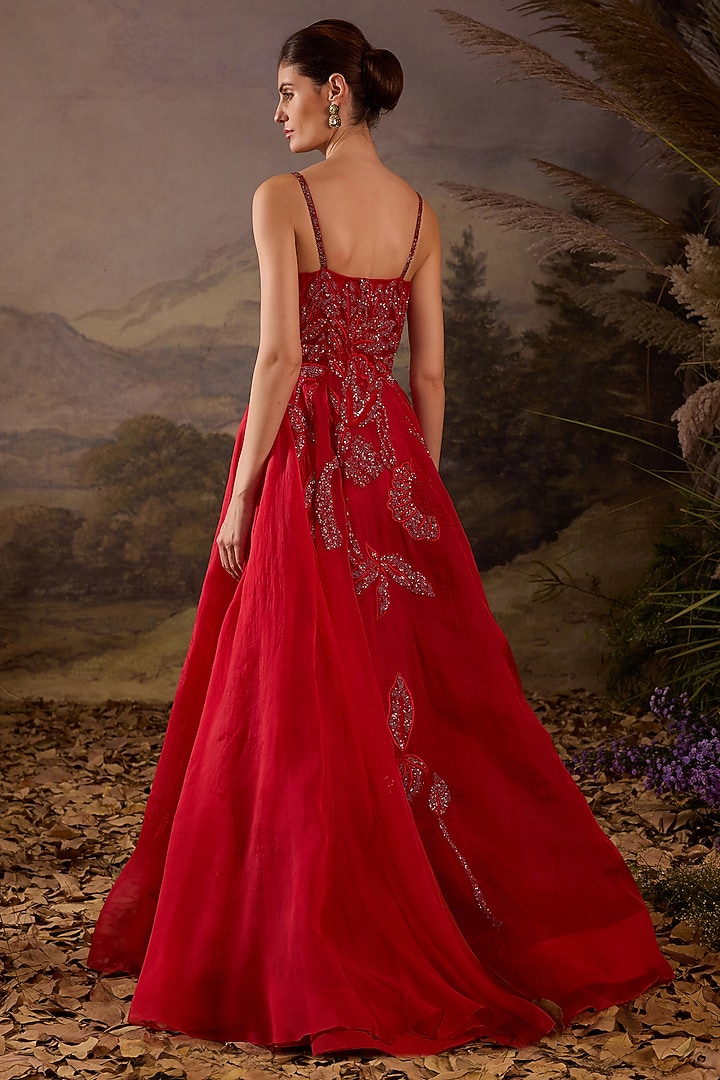 Crimson Red Cotton & Net Sequins Embroidered Wedding Gown by Samant Chauhan at Pernia's Pop Up Shop