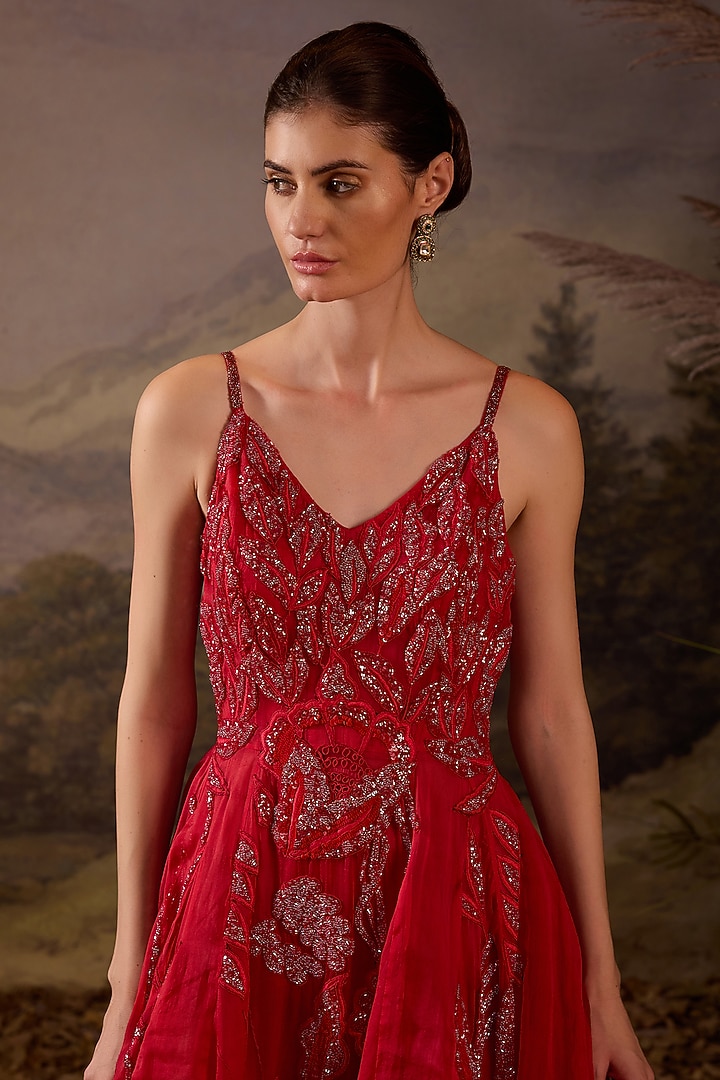 Crimson Red Cotton & Net Sequins Embroidered Wedding Gown by Samant Chauhan at Pernia's Pop Up Shop