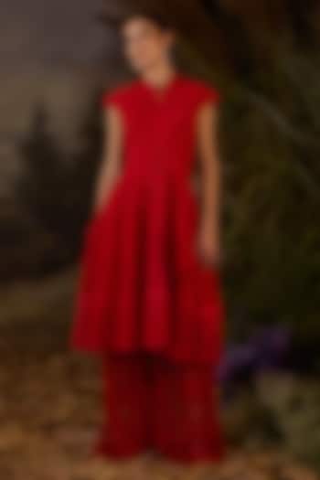 Red Chiffon Silk Thread Embroidered Party Wear Dress by Samant Chauhan at Pernia's Pop Up Shop