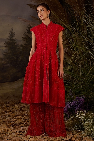 Red Chiffon Silk Thread Embroidered Dress by Samant Chauhan