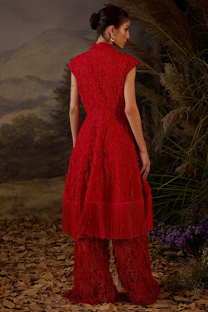 Red Chiffon Silk Thread Embroidered Party Wear Dress by Samant Chauhan at Pernia's Pop Up Shop