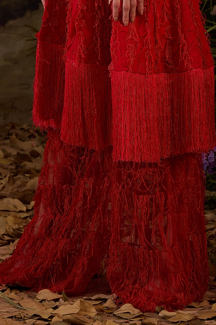 Red Chiffon Silk Thread Embroidered Party Wear Dress by Samant Chauhan at Pernia's Pop Up Shop