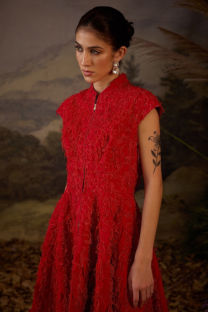 Red Chiffon Silk Thread Embroidered Party Wear Dress by Samant Chauhan at Pernia's Pop Up Shop