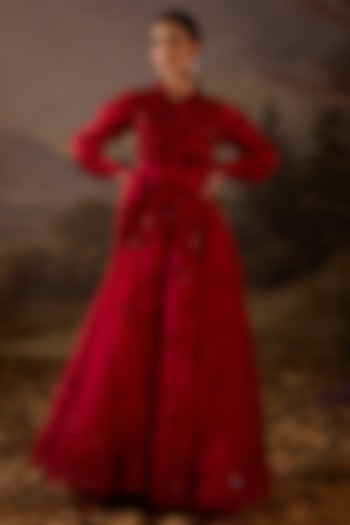 Scarlet Red Organza Silk Thread Embroidered Wedding Gown by Samant Chauhan at Pernia's Pop Up Shop