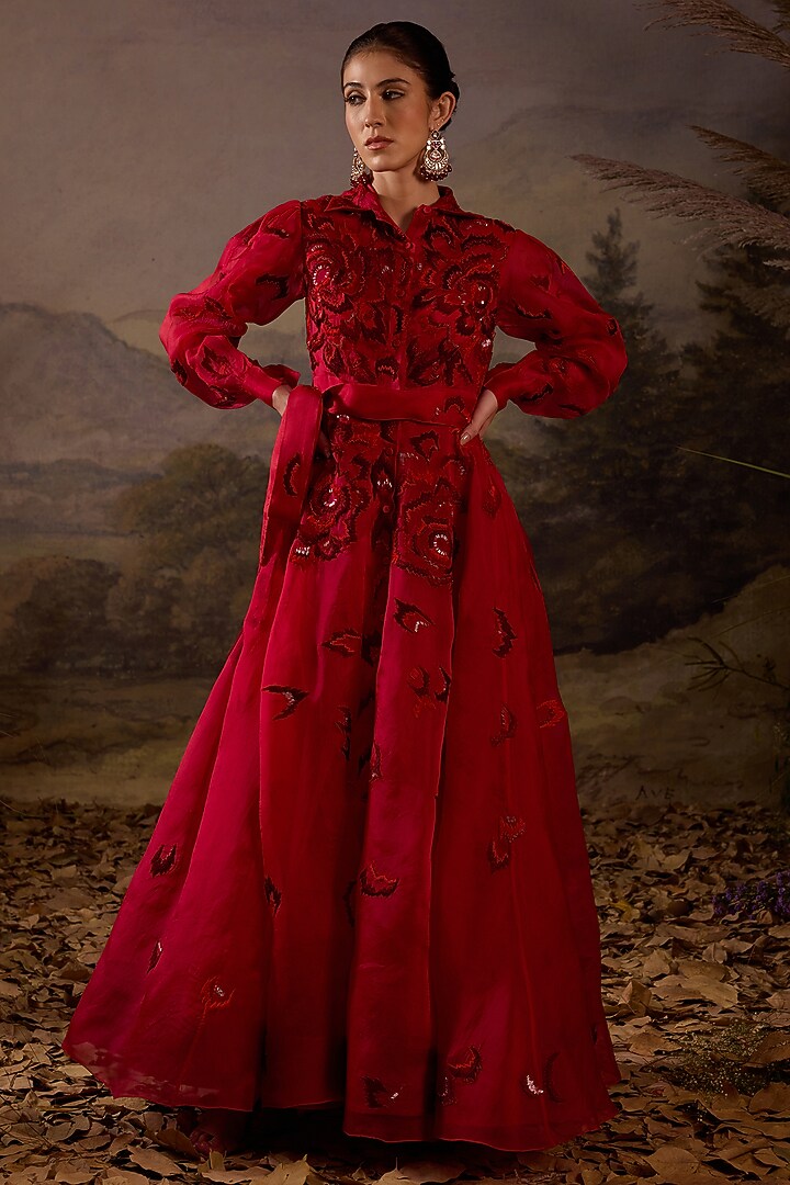 Scarlet Red Organza Silk Thread Embroidered Wedding Gown by Samant Chauhan at Pernia's Pop Up Shop