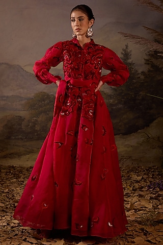 Scarlet Red Organza Silk Thread Embroidered Gown by Samant Chauhan