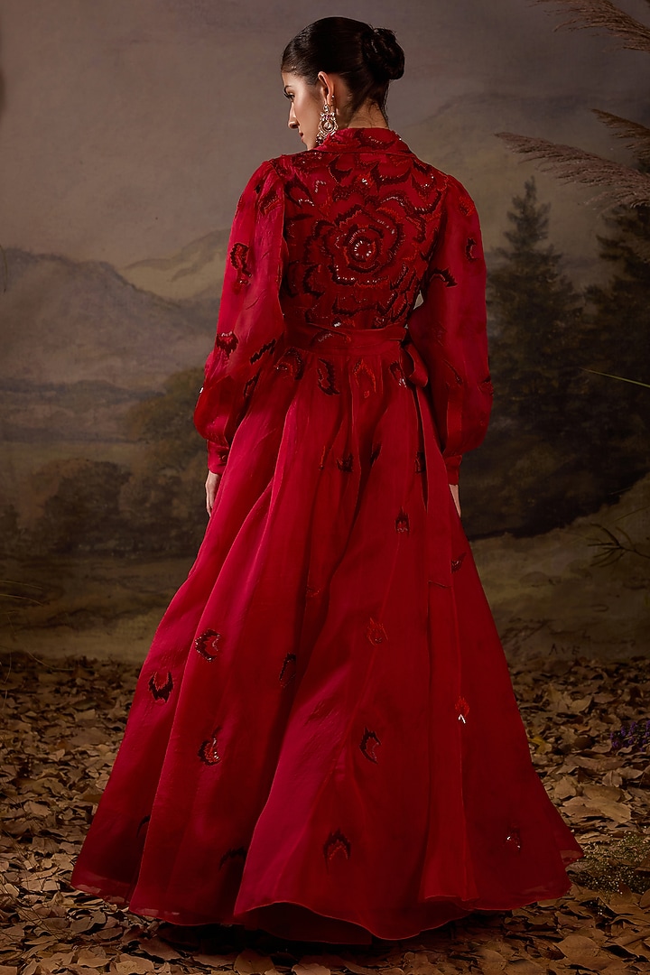 Scarlet Red Organza Silk Thread Embroidered Wedding Gown by Samant Chauhan at Pernia's Pop Up Shop