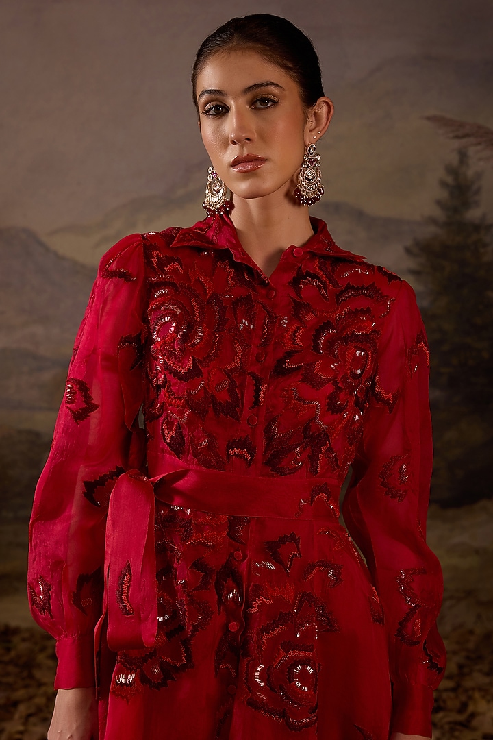 Scarlet Red Organza Silk Thread Embroidered Wedding Gown by Samant Chauhan at Pernia's Pop Up Shop