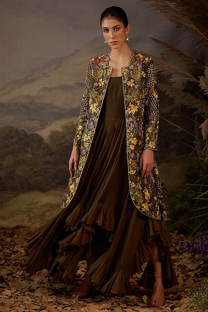 Olive Green Cotton Silk Zardosi Embroidered Jacket Party Wear Dress by Samant Chauhan at Pernia's Pop Up Shop