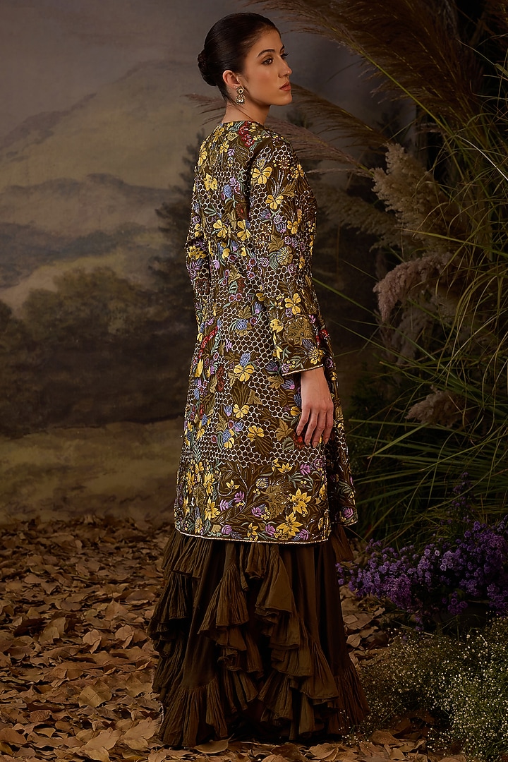 Olive Green Cotton Silk Zardosi Embroidered Jacket Party Wear Dress by Samant Chauhan at Pernia's Pop Up Shop