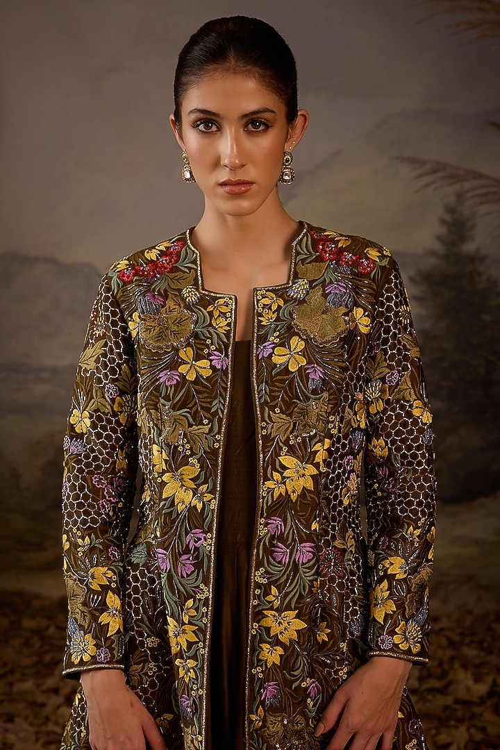 Olive Green Cotton Silk Zardosi Embroidered Jacket Party Wear Dress by Samant Chauhan at Pernia's Pop Up Shop