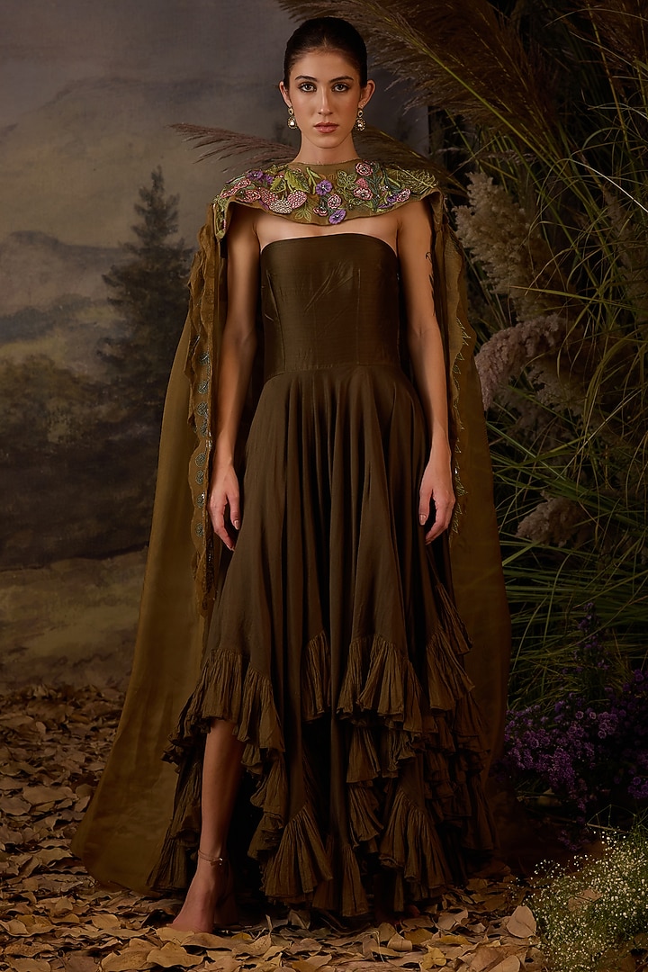 Olive Green Cotton Silk Engagement Gown With Cape by Samant Chauhan at Pernia's Pop Up Shop