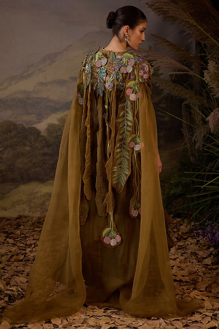 Olive Green Cotton Silk Engagement Gown With Cape by Samant Chauhan at Pernia's Pop Up Shop