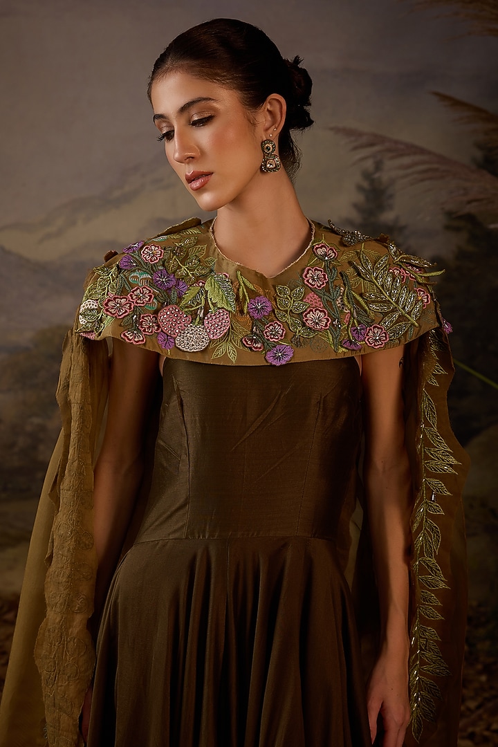 Olive Green Cotton Silk Engagement Gown With Cape by Samant Chauhan at Pernia's Pop Up Shop