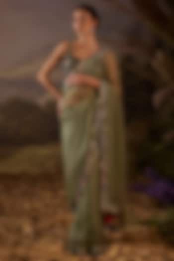 Olive Green Organza Silk Floral Embroidered Wedding Saree Set by Samant Chauhan at Pernia's Pop Up Shop