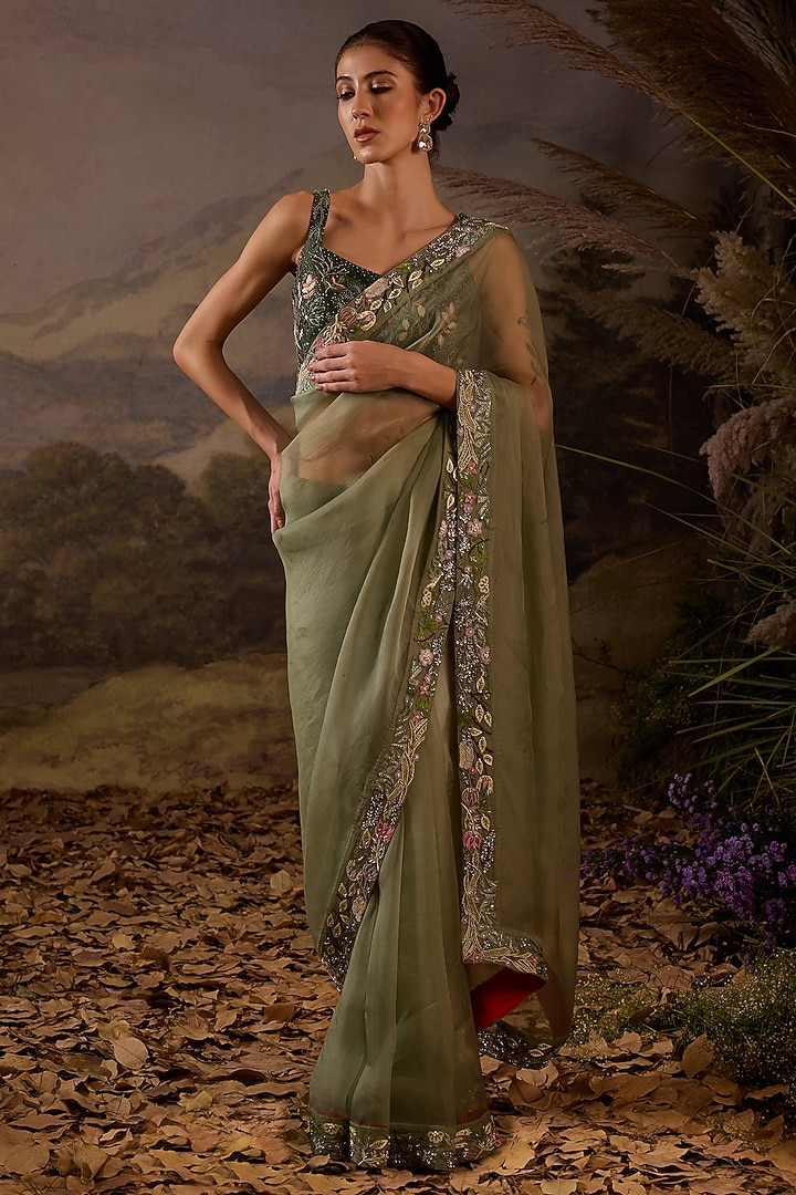 Olive Green Organza Silk Floral Embroidered Wedding Saree Set by Samant Chauhan at Pernia's Pop Up Shop