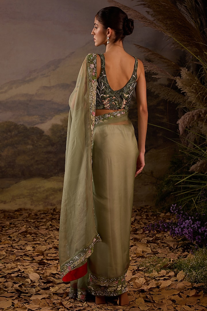 Olive Green Organza Silk Floral Embroidered Wedding Saree Set by Samant Chauhan at Pernia's Pop Up Shop