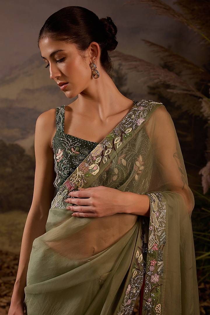 Olive Green Organza Silk Floral Embroidered Wedding Saree Set by Samant Chauhan at Pernia's Pop Up Shop