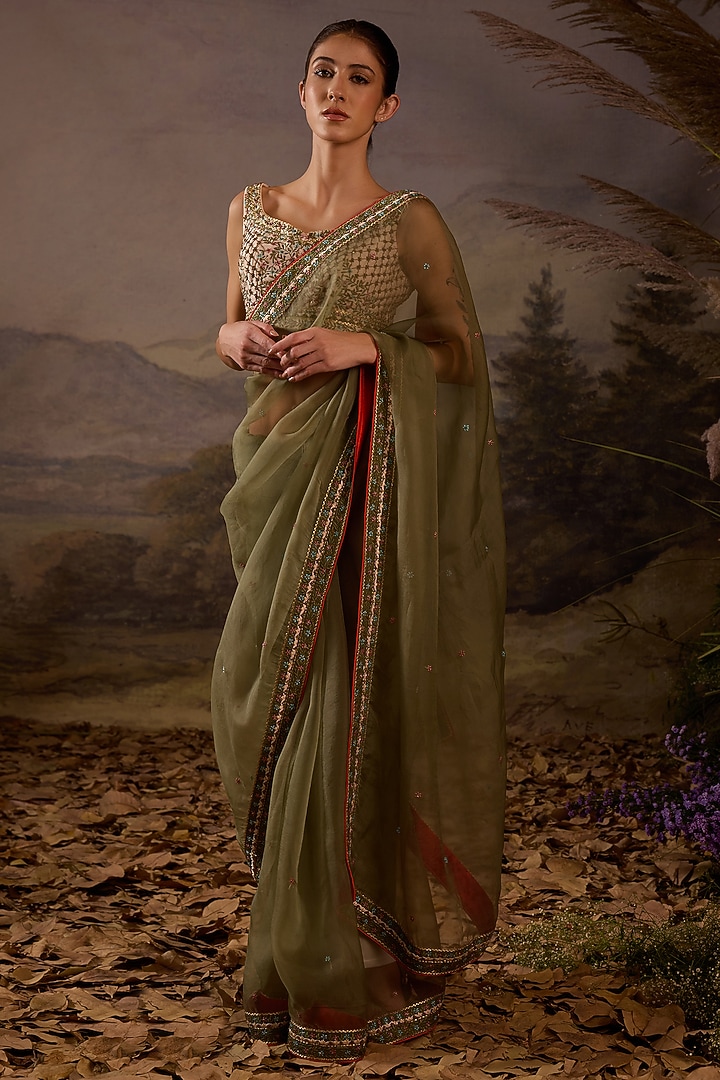 Olive Green Organza Silk Floral Embroidered Wedding Saree Set by Samant Chauhan at Pernia's Pop Up Shop
