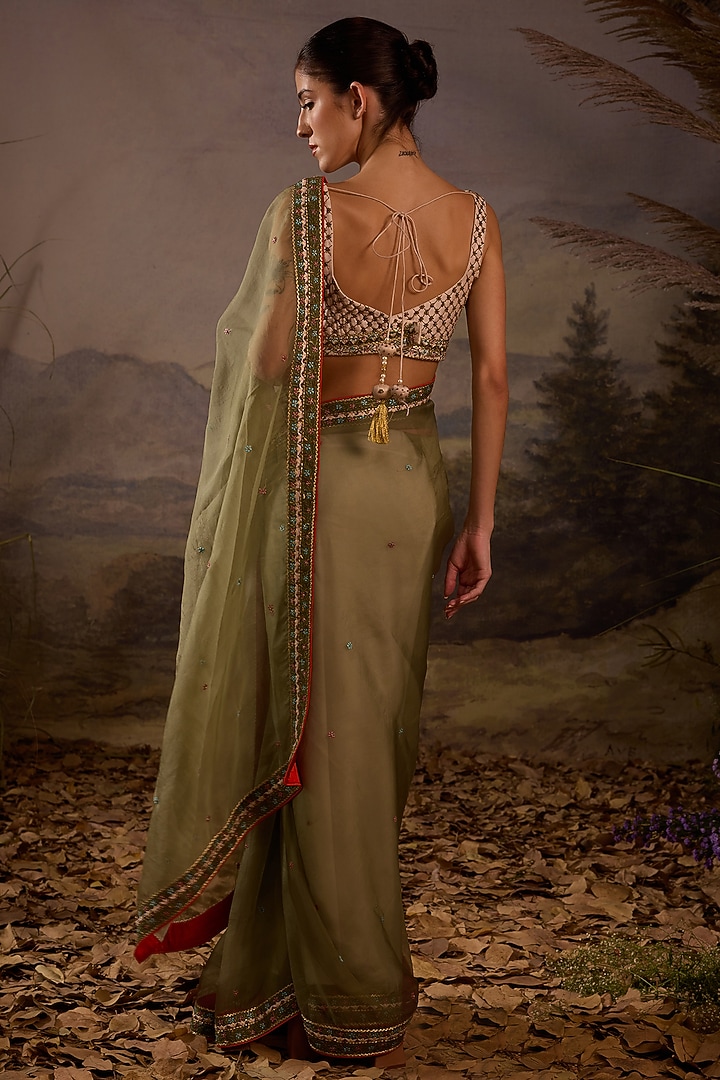 Olive Green Organza Silk Floral Embroidered Wedding Saree Set by Samant Chauhan at Pernia's Pop Up Shop