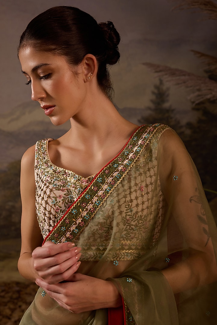 Olive Green Organza Silk Floral Embroidered Wedding Saree Set by Samant Chauhan at Pernia's Pop Up Shop