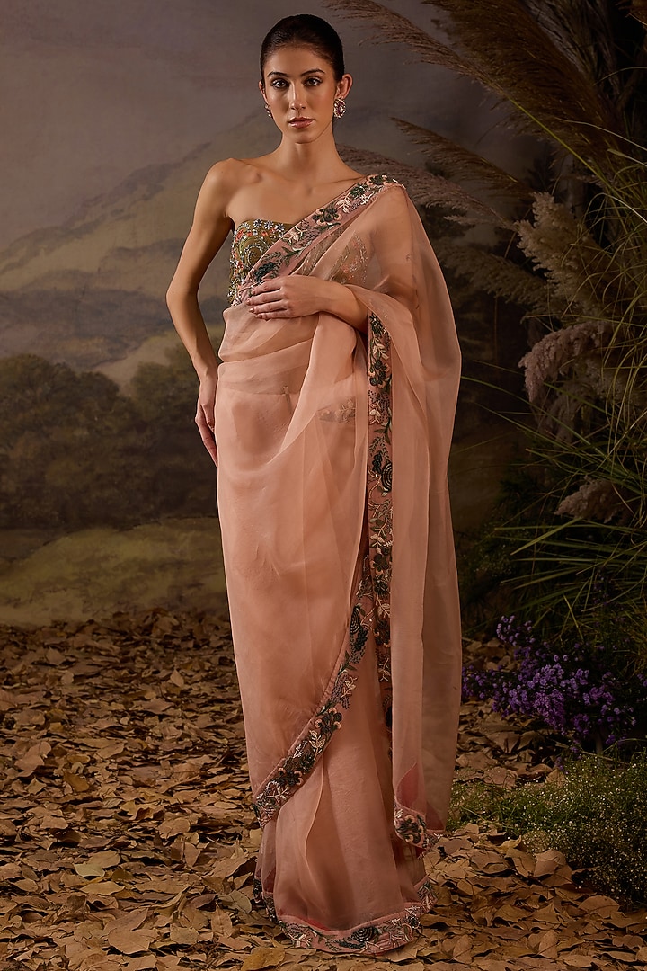 Blush Pink Organza Silk Floral Embroidered Wedding Saree Set by Samant Chauhan at Pernia's Pop Up Shop
