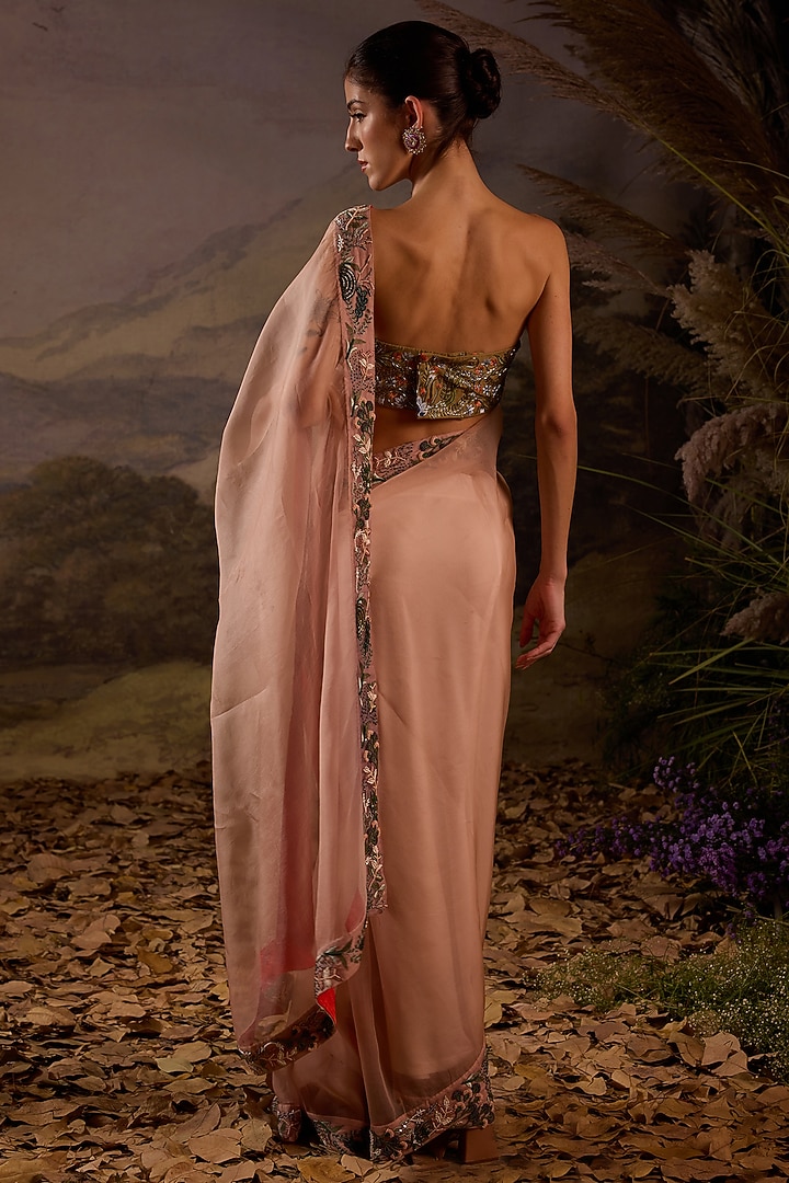 Blush Pink Organza Silk Floral Embroidered Wedding Saree Set by Samant Chauhan at Pernia's Pop Up Shop