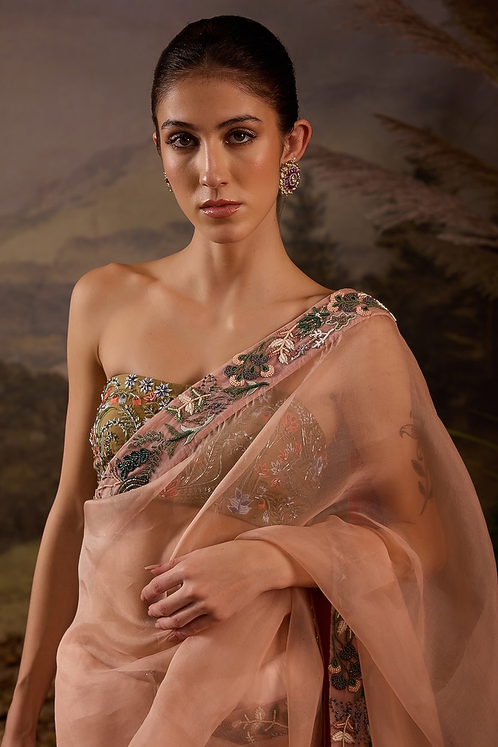 Blush Pink Organza Silk Floral Embroidered Wedding Saree Set by Samant Chauhan at Pernia's Pop Up Shop