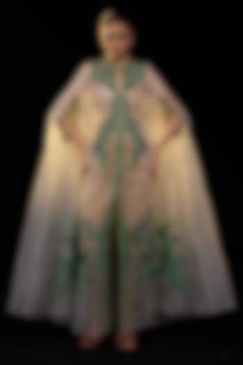 Off-White Organza Silk Embroidered Cape Engagement Gown by Samant Chauhan at Pernia's Pop Up Shop