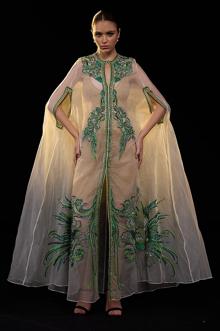 Off-White Organza Silk Embroidered Cape Engagement Gown by Samant Chauhan at Pernia's Pop Up Shop
