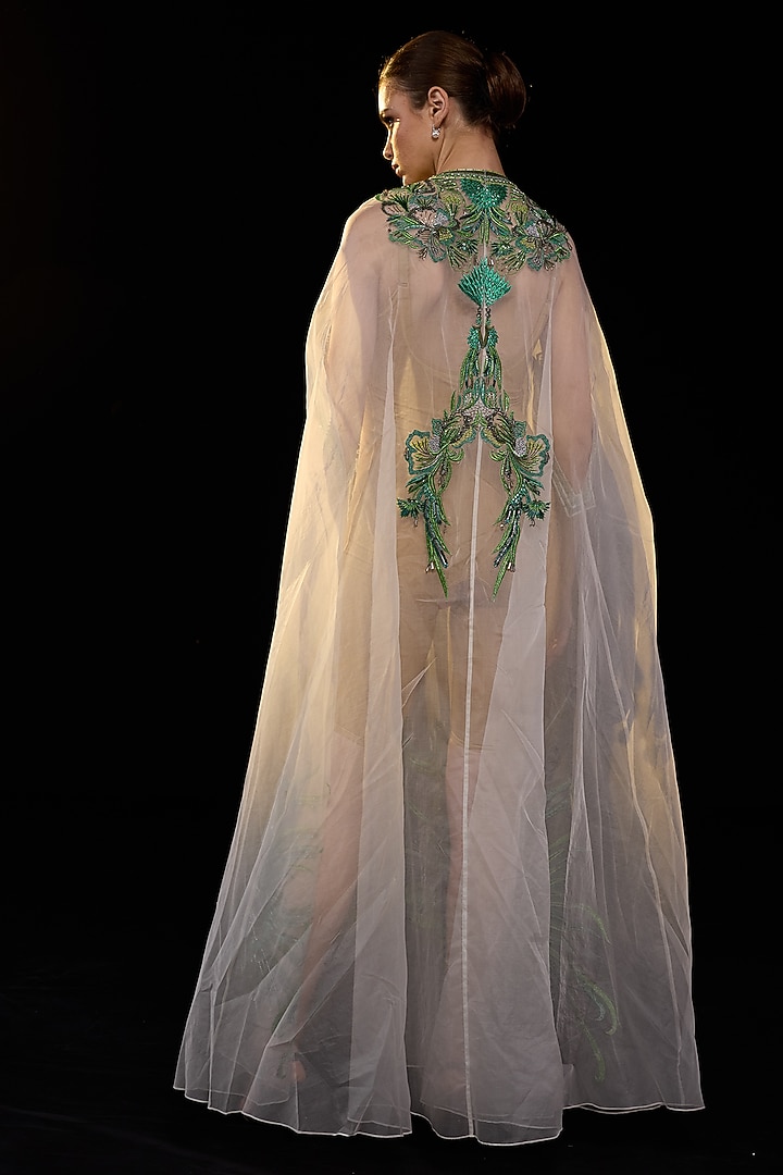 Off-White Organza Silk Embroidered Cape Engagement Gown by Samant Chauhan at Pernia's Pop Up Shop