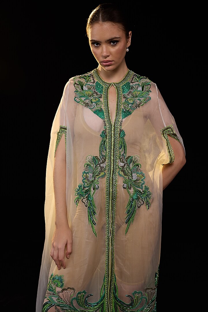 Off-White Organza Silk Embroidered Cape Engagement Gown by Samant Chauhan at Pernia's Pop Up Shop